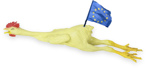 Rubber chicken with an EU flag in its rear