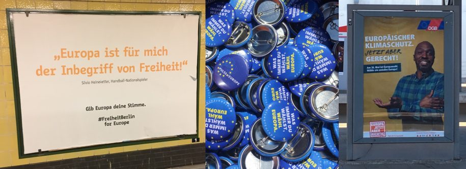 (l) poster at Hermannplatz U-Bahn Berlin, (m) badges at Pulse of Europe Potsdam, (r) DGB poster at Kaiserslautern Hbf