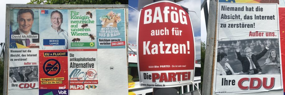 (l) Posters in Göttingen, (m) Die Partei poster in Koblenz, (r) Die Partei poster in Göttingen
